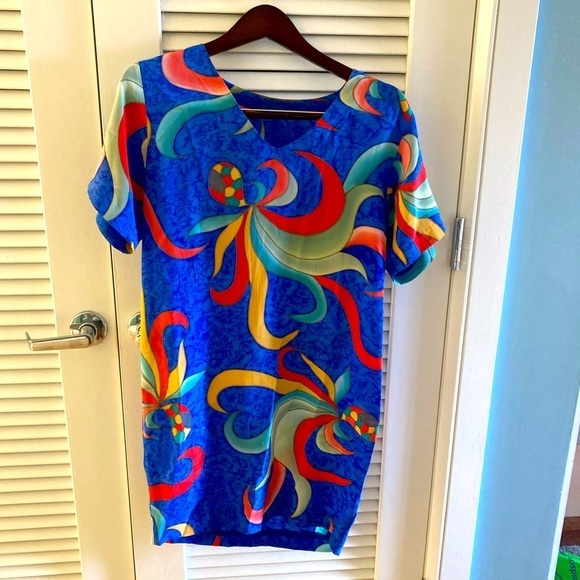 Chantik Dresses & Skirts - Chantik Vintage Silk Sshort-sleeve T-Shirt Style Dress - S -Blue, Yellow, Red